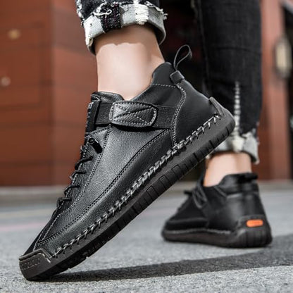 Womens Hand Stitching Leather Slip-On Ankle Boots with Adjustable Elastic Band Casual Lightweight Non-Slip Walking Loafers Retro High Top Flat Boat Shoes - color: Black, size: 5 Wide