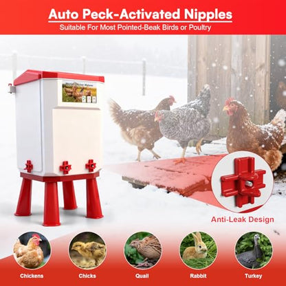3 Gallon Heated Chicken Waterer for Winter Automatic Chicken Water Heater,Adsjustable Height Anti-Freezing Poultry Watering System with Thermostatic Control,Red,12.5 in x 8.3 inch x 8.3 in