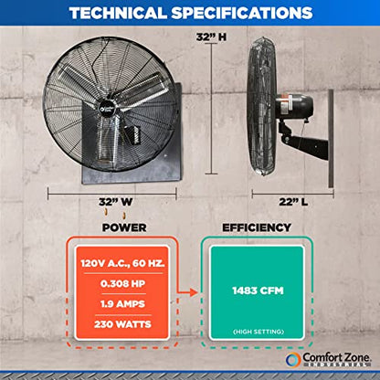 Comfort Zone Oscillating High Velocity Industrial Wall Fan, 30 inch, 2 Speed, All Metal, Adjustable Angle & Tilt, Steel Mounting Bracket, Aluminum Blades, Ideal for Garage or Workshop, CZHVW30EX