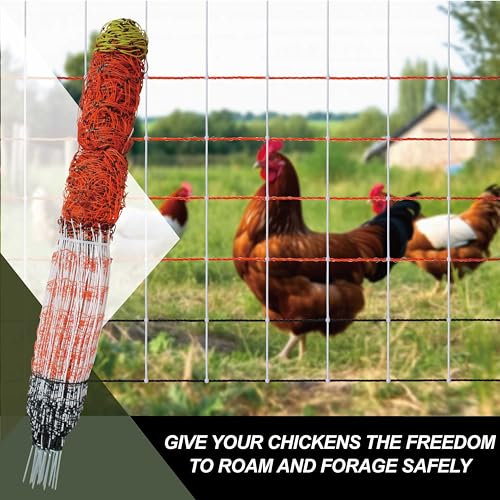 Electric Premium Poultry Netting Fence 59”H x 98.5’L - Versatile Portable Electric Fencing for Flying Chicken Sheep Goats Deer Hogs Dogs, Used in Backyards Homesteaders Farms and Ranches, PK1 - size: 59”H x 98.5’L x 1