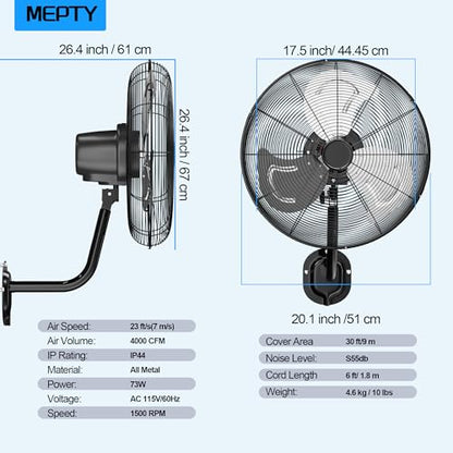 KEGIAN 22 Inch Wall Mount Fan, Industrial Wall Mounted Fan for Outdoor Use