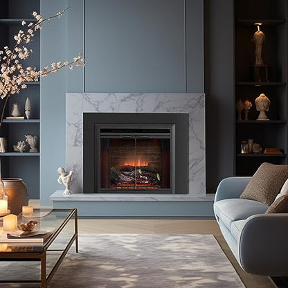 PuraFlame Klaus 23” Electric Fireplace Insert with Trim Kit, Fire Crackling Sound, Resin Log, Glass Door and Mesh Screen, 750/1500W Heater, Black - size: 23" with Trim