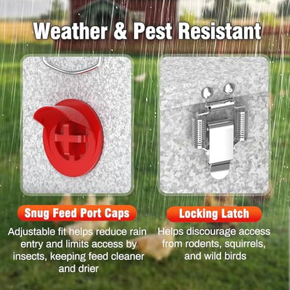 40LB Metal Chicken Feeder with Adjustable Legs - Automatic Gravity Poultry Feeder No Waste - Rat Proof Galvanized Large Chicken Feed Container with 6 Ports & Double Viewing Windows
