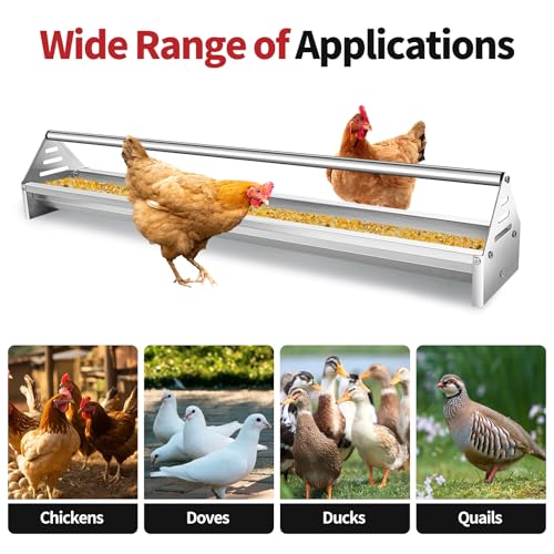 RYFT Chicken Feeding Trough 45", Heavy Duty Galvanized Steel Chicken Feeder with Crossbar, Holds 12 Chickens with Drainage Holes, Large Capacity Poultry Feeder Trough for Duck Geese Turkey Pigeon