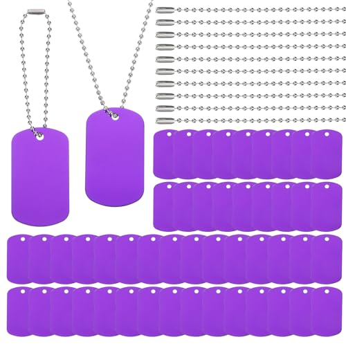PATIKIL 100 Pcs Blank Dog Tags Set, Including 50 Pcs Aluminum Metal Stamping Rectangle Label 50 Pcs Ball Steel Chain for DIY Decor Laser Engraving Necklace, Purple - color: Purple