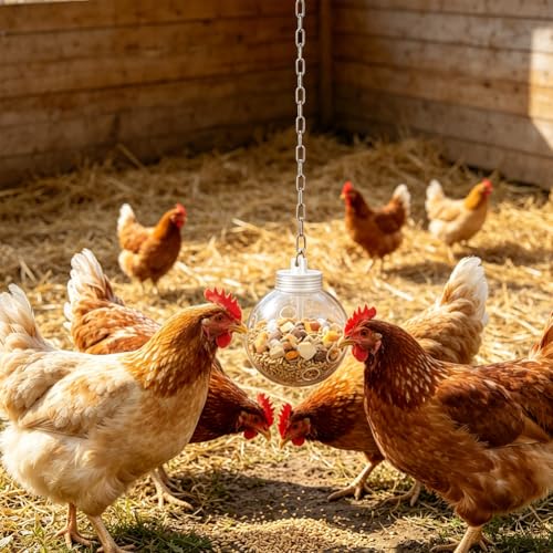 2pcs Chicken Treat Dispenser Toy,Interactive Slow Feeder Hanging Ball with Chain,Chicken Pecking Foraging Enrichment Toy, Coop Accessories for Hens Poultry Duck Birds Parrots (1)