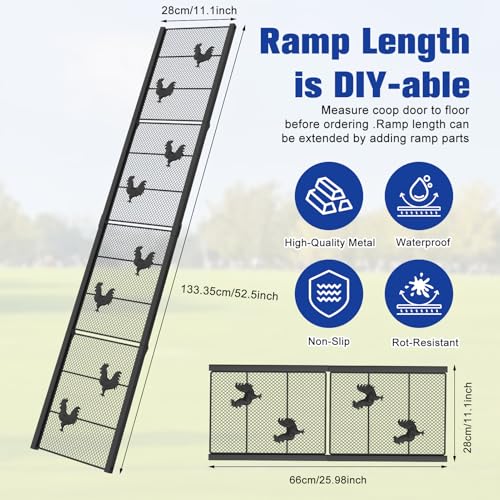 Chicken Coop Ramp 52.5''L, Ladder Length Adjustable for Henhouse, Heavy Duty Metal Coop Steps for Feet Problem or Cannot Fly Chickens, Waterproof, Non-Slip, Rustproof, Sturdy and Easy to Clean - size: 52.5*11.1 inch