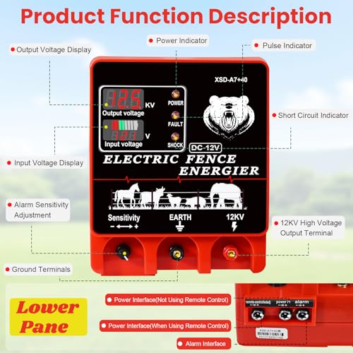 9J Electric Fence Charger Energizer, 9 Joules 20 Miles Plug-in Fencer, AC 110-240V/DC 12V, 12KV High Output Voltage, with Display Alarm and Remote, Deter Predators, Contain Cattle Horses and Livestock