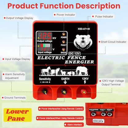 9J Electric Fence Charger Energizer, 9 Joules 20 Miles Plug-in Fencer, AC 110-240V/DC 12V, 12KV High Output Voltage, with Display Alarm and Remote, Deter Predators, Contain Cattle Horses and Livestock