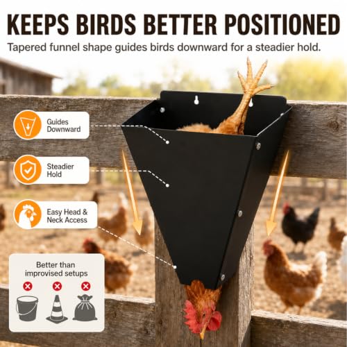 Chicken Processing Cone - Medium Poultry Restraining Cone for Chickens, Broilers & Roosters up to 15 lb, Heavy Duty Steel Chicken killing Cone for Backyard & Small Farm, Flat Back Mount Design