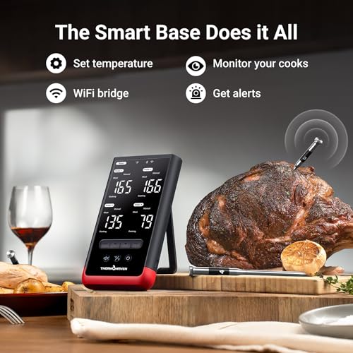 ThermoMaven Smart Bluetooth Wireless Meat Thermometer: Standalone Base, WiFi Unlimited Range, 6 Sensors with NIST Certified Accuracy, 4 Probes for Kitchen, BBQ, Grill, Oven, Smoker, Rotisserie - color: Red-4 Probes