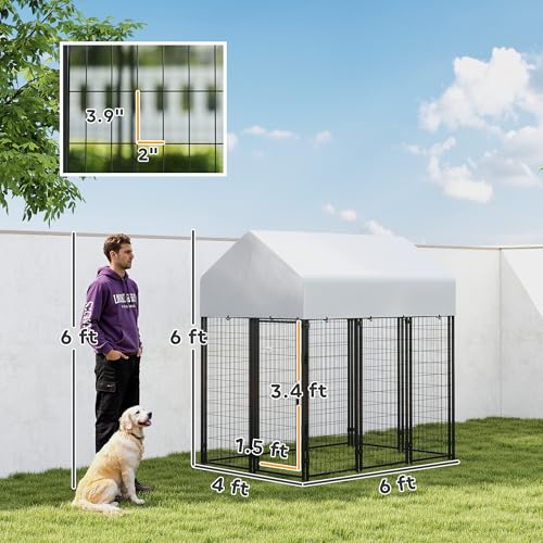 PawHut Outdoor Dog Kennel with Roof, 6' x 4' x 6' Heavy Duty Welded Wire Dog Playpen Enclosure with Escape-Proof Lock, UV-Resistant & Waterproof Cover, for Large Dogs, Chickens, Ducks, Silver - size: 48.0"L x 72.0"W x 72.0"H, style: Single Room