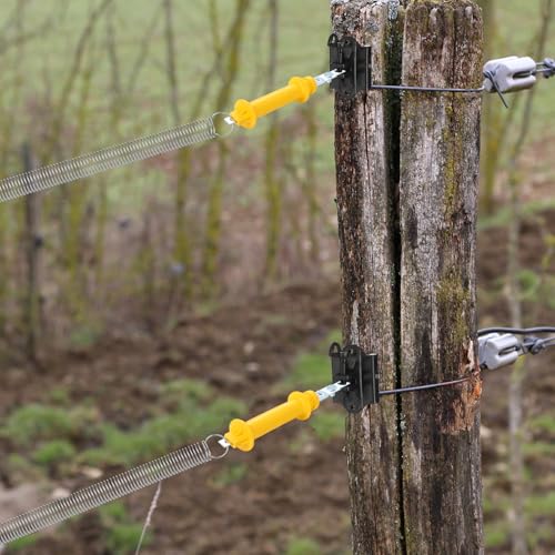 2 Set Electric Fence Gate Kit Contains 16 Feet Long Compressed Spring Black Insulators and Other Fasteners Wooden Post Electric Fence Handle Set with Anchors for Pasture Garden