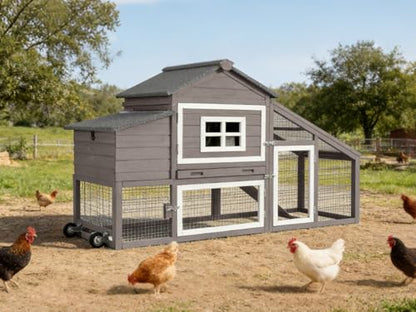 GUTINNEEN Large Chicken Coop with Wheels, Expandable Mobile Outdoor Chicken House, Hen House Poultry Cage with Nesting Box, Leakproof Pull-Out Tray & UV-Resistant Roof – Brown - color: (Brown)