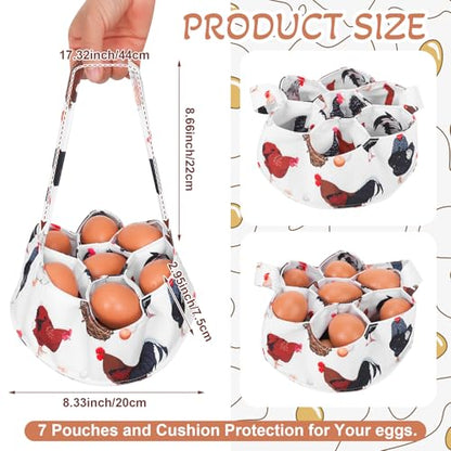 Egg Collecting Basket, Canvas Egg Basket for Gathering with 7 Pouches for Chicken, Duck, Goose, Bird, Various Poultry Collection (Black and white chicken) - style: Black and white chicken