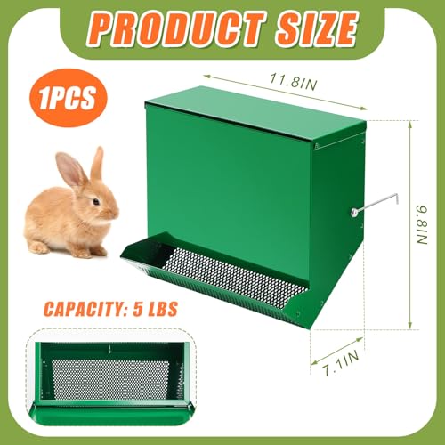 Maxcheck No-Waste Metal Rabbit Feeder for Cages, Large Hanging Food Dispenser with Mesh Bottom & Lid, Holds 5lb Feed for Several Days, Bunny & Small Pets