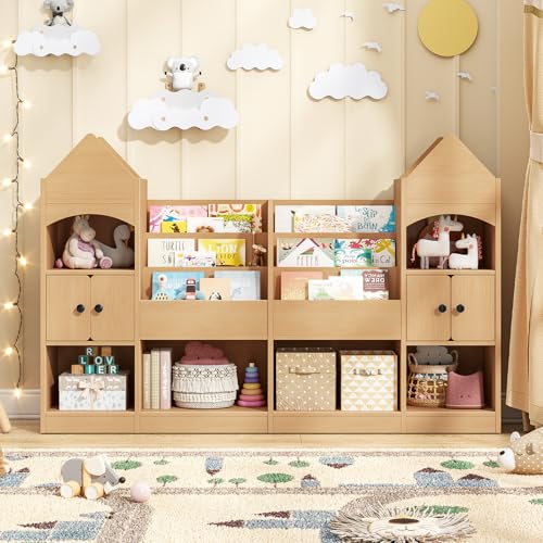 Vabches Castle Shape Children's Bookshelf, Kids Bookcase Display Case Kids Toy Storage Organizer Multifunctional Storage Cabinet Bookshelf Suitable for Playroom, Children's Room, Living Room, Oak - color: Natural Oak, size: 11.81"D x 53.74"W x 35.24"H