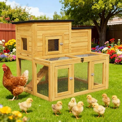 Small Chicken Coop, Chicken Run, Wooden Duck Coop Outdoor 2-Tier Rabbit House All Weather Used Poultry Quail Hutch Pet Cage with Removable Ramp for Garden Backyard (Yellow) - color: Yellow