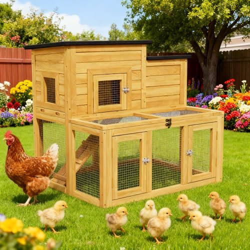 Small Chicken Coop, Chicken Run, Wooden Duck Coop Outdoor 2-Tier Rabbit House All Weather Used Poultry Quail Hutch Pet Cage with Removable Ramp for Garden Backyard (Yellow) - color: Yellow