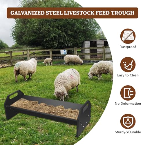 22 Gallon Livestock Feeding Trough,45" Goat Hay Feeder,Heavy-Duty Galvanized Steel Livestock Feeder for Horse, Cattle, Cow, Alpaca,Goats,Black