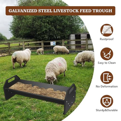22 Gallon Livestock Feeding Trough,45" Goat Hay Feeder,Heavy-Duty Galvanized Steel Livestock Feeder for Horse, Cattle, Cow, Alpaca,Goats,Black