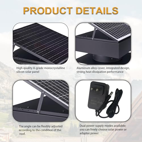 60W Solar Attic Fan, 14 Inch 2500 CFM Solar Powered Roof Exhaust Fan, Controller-Free Auto Ventilation, Heavy-Duty Copper Motor Weatherproof Vent for Home, Garage, Greenhouse, Shed - color: Black+Square 5