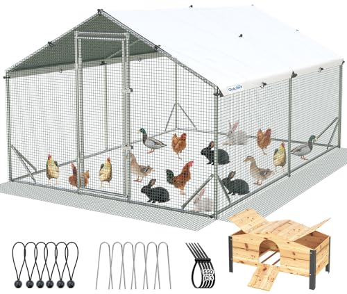 Quictent Large Metal Chicken Coop Run for 20+ Poultry with Beige Nest Box, Side Hardware Cloth & Cover, Advanced Series Outdoor Walk-in Cage Hen Duck Rabbit Dog Pen Yard Farm House, 12x9x6.6FT - color: Beige, size: 142.4"L x 107.3"W x 78.0"H