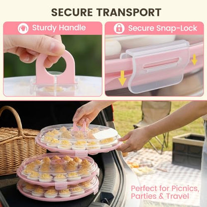 HANSGO Deviled Egg Containers with Lid, 3PCS Deviled Egg Platter Carrier Holder Trays with 66 Slots for Holiday Party and Home Kitchen, Pink - color: 3pcs Pink