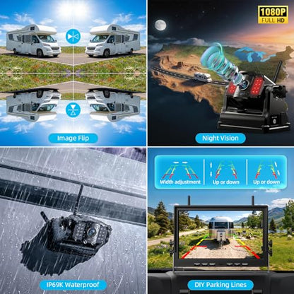 eRapta Magnetic Wireless Backup Camera Kit with HD1080P 10” DVR Monitor, Dual RV/Trailer/Truck/Tractor Cameras Wireless System, No Wiring, 9600mAh Rechargeable Battery, IR Night Vision-ACT1002 - size: 10 inch-2 cameras
