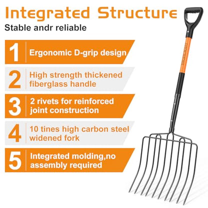 HIGHLIGHT 10-Tine Wide Head Pitch Fork for Manure & Hay, Heavy Duty with Unbreakable Fiberglass Handle, 45-Inch Ergonomic Grip
