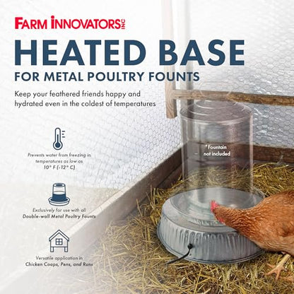 Farm Innovators Heated Base for Double Wall Metal Founts Poultry Waterer, 125W Outdoor Water Bowl Heater for Chickens, Turkeys, Ducks, and Geese