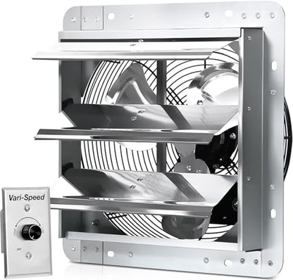 KEN BROWN 12" Shutter Exhaust Fan, Wall Mounted Attic Fan with Speed Controller, 1450 CFM, Automatic Shutter for Attic Garage Workshop Greenhouse Ventilation - size: 12 Inch Fan with Speed Controller