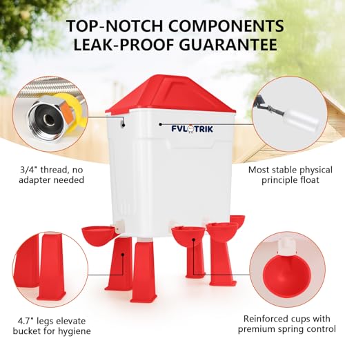 3 Gallon Automatic Chicken Waterer for Hands-Free Hydration, Float-Controlled Chicken Watering System with Leak-Proof Design, 2.75" Cups for All Poultry, 60" Hose for 3/4" Connections