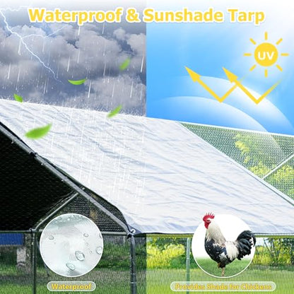 Large Metal Chicken Coop, Chicken Runs for Yard with Cover Walk-in Poultry Cage for 10 20 Chickens, Chicken Pen Duck Coop with Water-Resident Top and Feeding Door, Spire Hen House 12.8Lx9.84Wx6.6H FT - size: 153.6"L x 118.0"W x 79.2"H