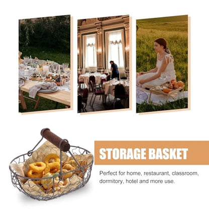 Mini Wire Egg Baskets Antique Wire Basket with Wood Handle Vegetables Fruits Bread in Kitchen Dining Table 7.07x4.72x4.72in