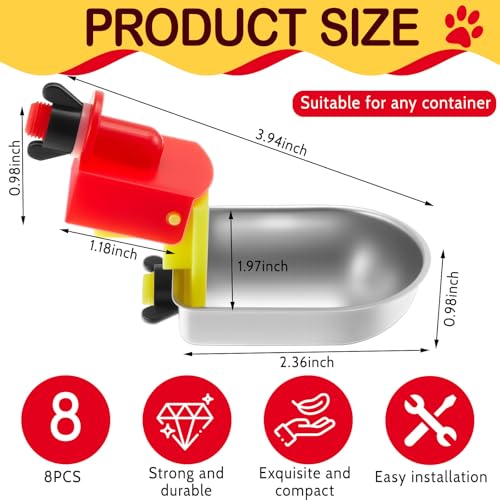 8 Pack Heavy Duty Auto Fill Metal Chicken Waterer Cups, Stainless Steel Freeze Leak Proof Poultry Rabbit Watering System Fits 5 Gallon Bucket and 3/8'' Hole Saw(Oval Style)
