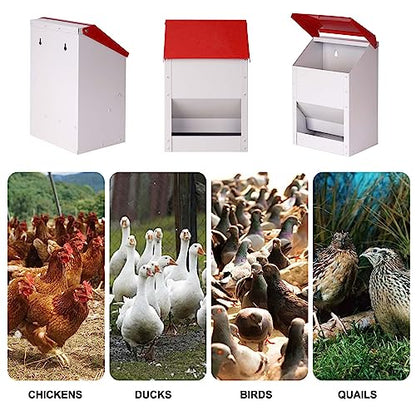 Automatic Metal Chicken Feeder Galvanized Poultry Feeder with Lid Outdoor Wall Mount Chicken Food Dispenser Gravity Fed Chicken Feeder Weatherproof No Waste Quail Duck Feeder (10LBS)
