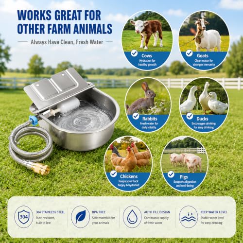 FHTONGE 304 Stainless Steel Automatic Dog Water Bowl Dispenser with Drainage and Float Valves, Large Auto Fill Dog Waterer for Outdoor Big Dog Livestock Poultry Horse Cow Goat Pig Chicken Duck Rabbit
