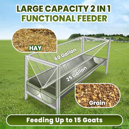 85 Gallon Pasture Hay Feeder Stainless Steel, Larger Capacity 5 FT Livestock Feeder with Hay Rack and Feed Pan, 2 in 1 Outdoor Feeding System for Goats and Sheep