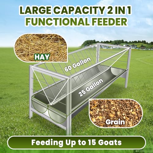 85 Gallon Pasture Hay Feeder, Extra Large 5 FT Stainless Steel Livestock Feeder, 2 in 1 Hay Rack and Feed Pan for Goats and Sheep, Ideal for Outdoor Farm Feeding