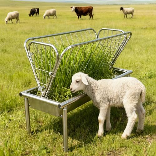 Heavy Duty Galvanized Steel Hay Feeder, 4 Ft Long Livestock Feeder, Large Capacity 2 in 1 Grain & Hay Rack with Steel Frame and Deep Feeding Pan, for Goats, Cow, Sheep, and Horses