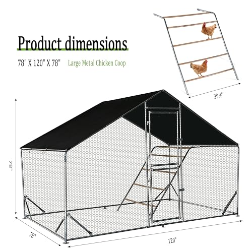 XCL Large Metal Chicken Coop, 6.5×10×6.5FT Walk-in Chicken Run, Spire Roof Poultry Cage with Waterproof Anti-UV Cover, Roosting Perch Outdoor Backyard Farm Enclosure for Duck Chicken (1-Unit Coop) - size: 118.0"L x 76.0"W x 78.0"H
