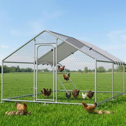 Large Metal Chicken Coop with Waterproof and UV-Resistant Cover,Chicken Run Outdoor Walk-in Cage Rabbit Duck Hen House for Yard Farm Use Spire Roof(10’ W x 9.9’ L x 6.4’ H) - size: 119.0"L x 119.0"W x 78.0"H