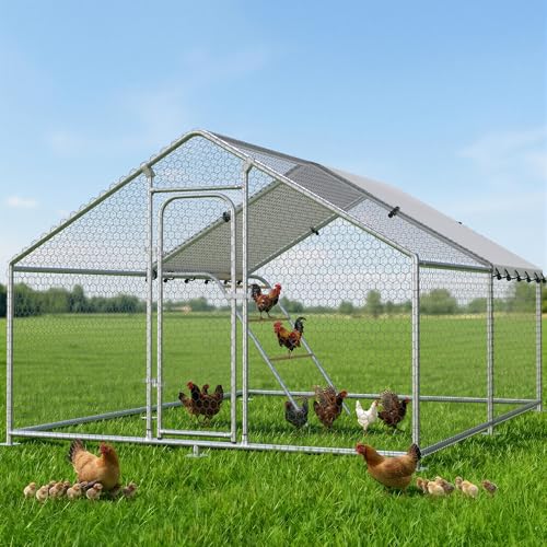 Large Metal Chicken Coop with Waterproof and UV-Resistant Cover,Chicken Run Outdoor Walk-in Cage Rabbit Duck Hen House for Yard Farm Use Spire Roof(10’ W x 9.9’ L x 6.4’ H) - size: 119.0"L x 119.0"W x 78.0"H