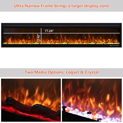 80 Inch Ultra-Thin WiFi Electric Fireplace, App/Remote Control,13X13 Flame Color Combinations, 9H Timer & Thermostat & Low Noise, Log & Crystal, 750W/1500W Fireplace Heater, Black - size: 80 Inch WiFi