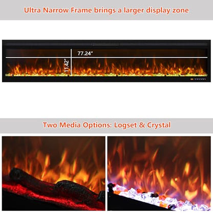 80 Inch Ultra-Thin WiFi Electric Fireplace, App/Remote Control,13X13 Flame Color Combinations, 9H Timer & Thermostat & Low Noise, Log & Crystal, 750W/1500W Fireplace Heater, Black - size: 80 Inch WiFi
