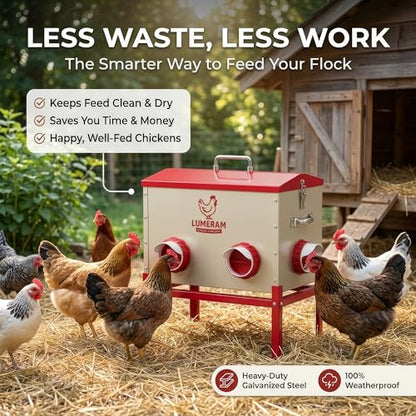 30 LB Large Automatic Chicken Feeder with No-Waste Ports – Outdoor Metal Chicken Feeders with Adjustable Stand, Rodent-Resistant Design & Riveted Handles for Chickens, Ducks & Poultry