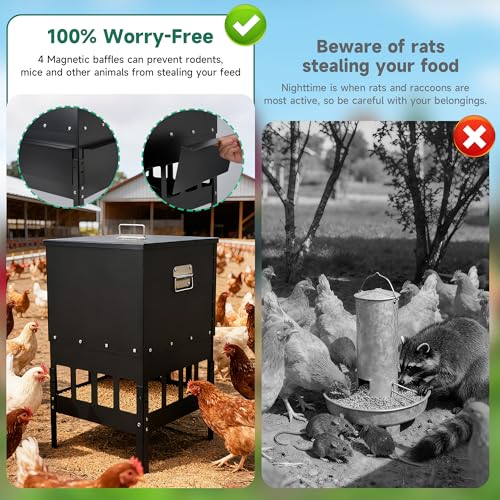 55-70LBS Large Chicken Feeder No Waste 16-Ports Automatic with Magnetic Baffle to Prevent Rodents and Mice Large Poultry Feeder Adjustable Height Suitable for All Poultry, Weatherproof - color: 55-70LBS