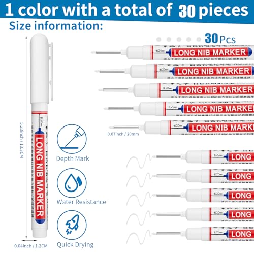 30 PCS Long Nib Marker,20mm Long Head Deep Hole Marker Pens,Longs Nose Markers,Waterproof Construction Markers Marking Tool,Permanent Markers Carpenter Ink marker Pens,Metal marking Pens,Black - color: 30PCS-20MM Black