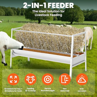 88 Gallon Goat Hay Feeder, Heavy-Duty Upgrade Stainless Steel Hay Feeder for Goats, 2-in-1 Design (60Gal Hay + 28Gal Feed/Water Tray), Livestock Feeder for Ranch, Barn and Goat Pens